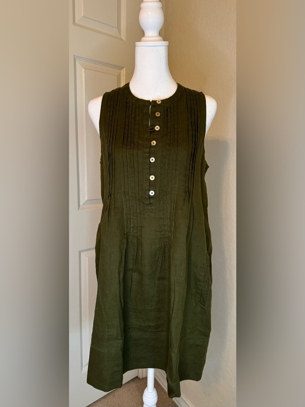 Quince 100% European Linen Sleeveless Swing Dress Martini Olive Size Small
